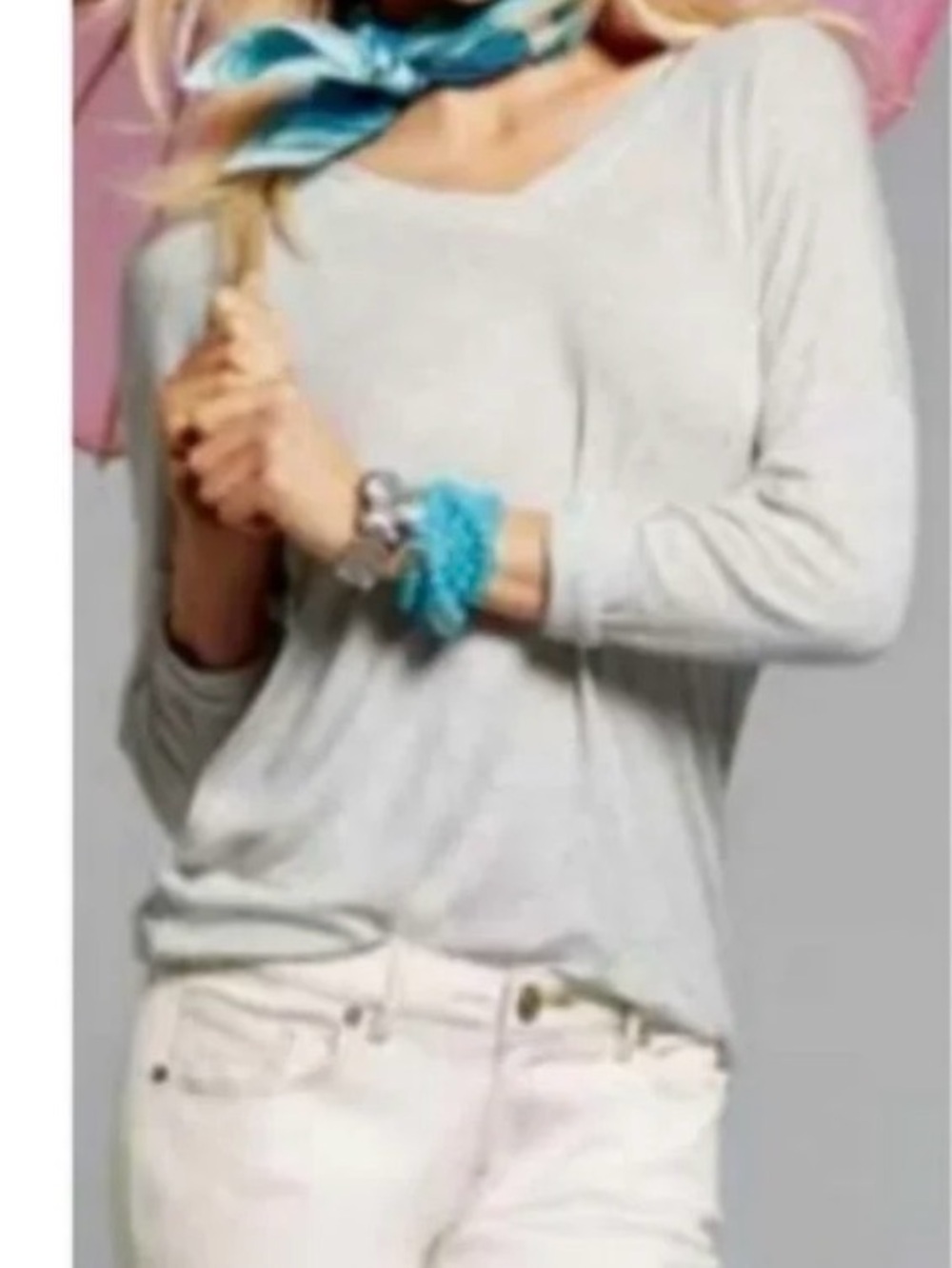 CAbi Cream/gray Lightweight V-Neck longsleeve tee